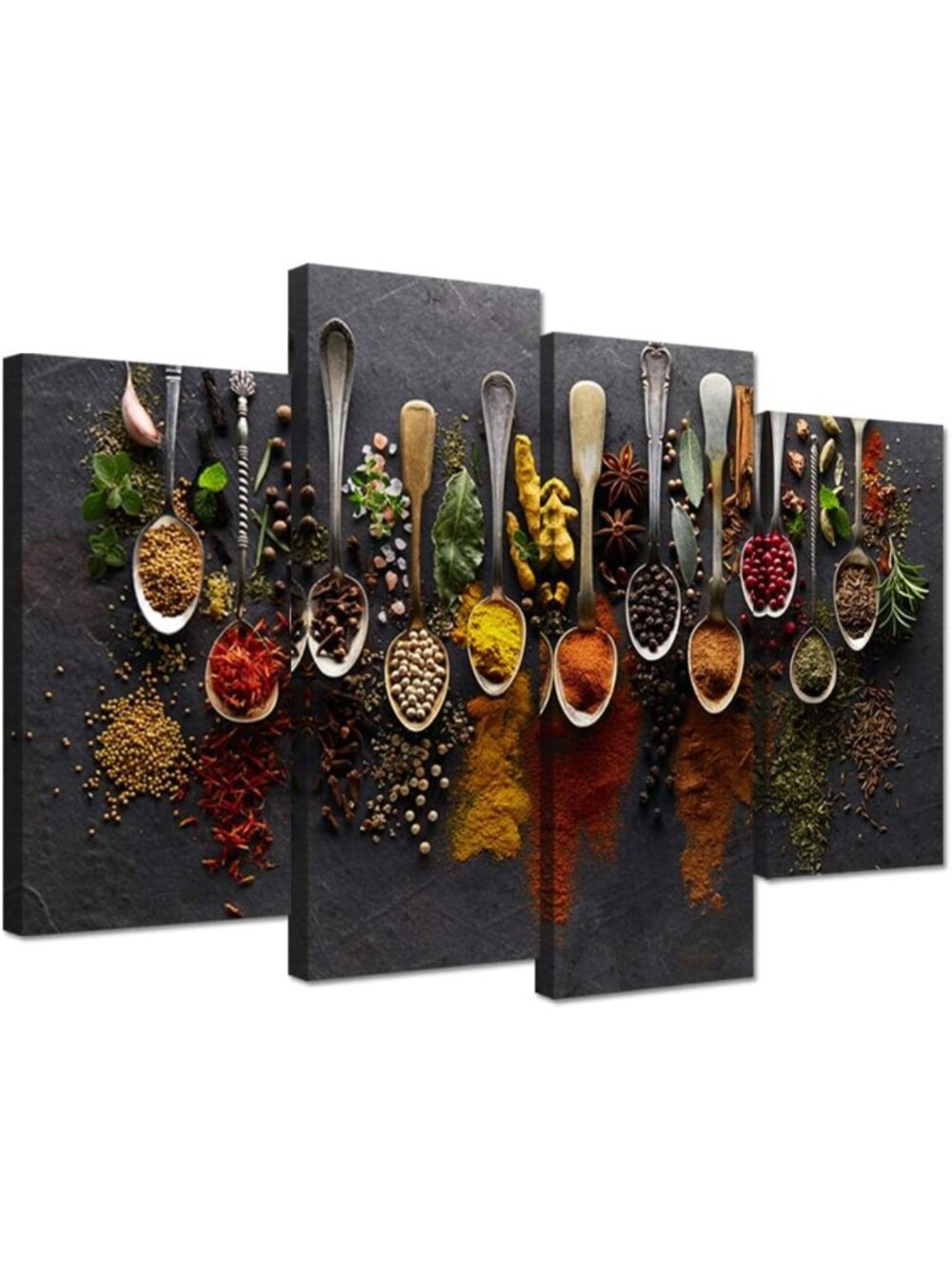 Vintage Spice Spoon Canvas Wall Art Set - 4 Framed Kitchen Decor Pictures